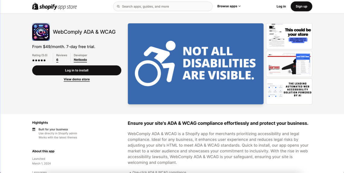 Screenshot of the WebComply ADA & WCAG app on Shopify's app store.