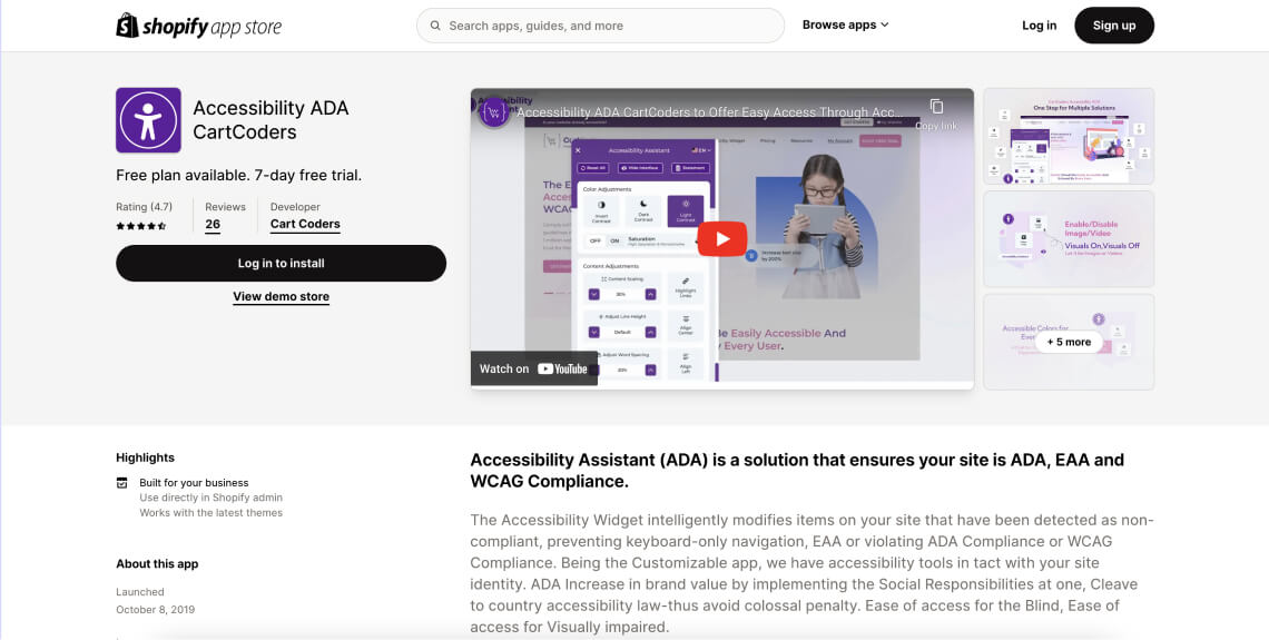 Screenshot of the Accessibility ADA CartCoders app on Shopify's app store.