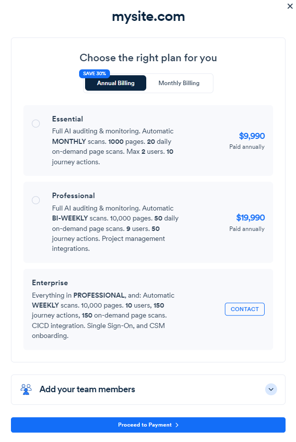 Screenshot of choose plan